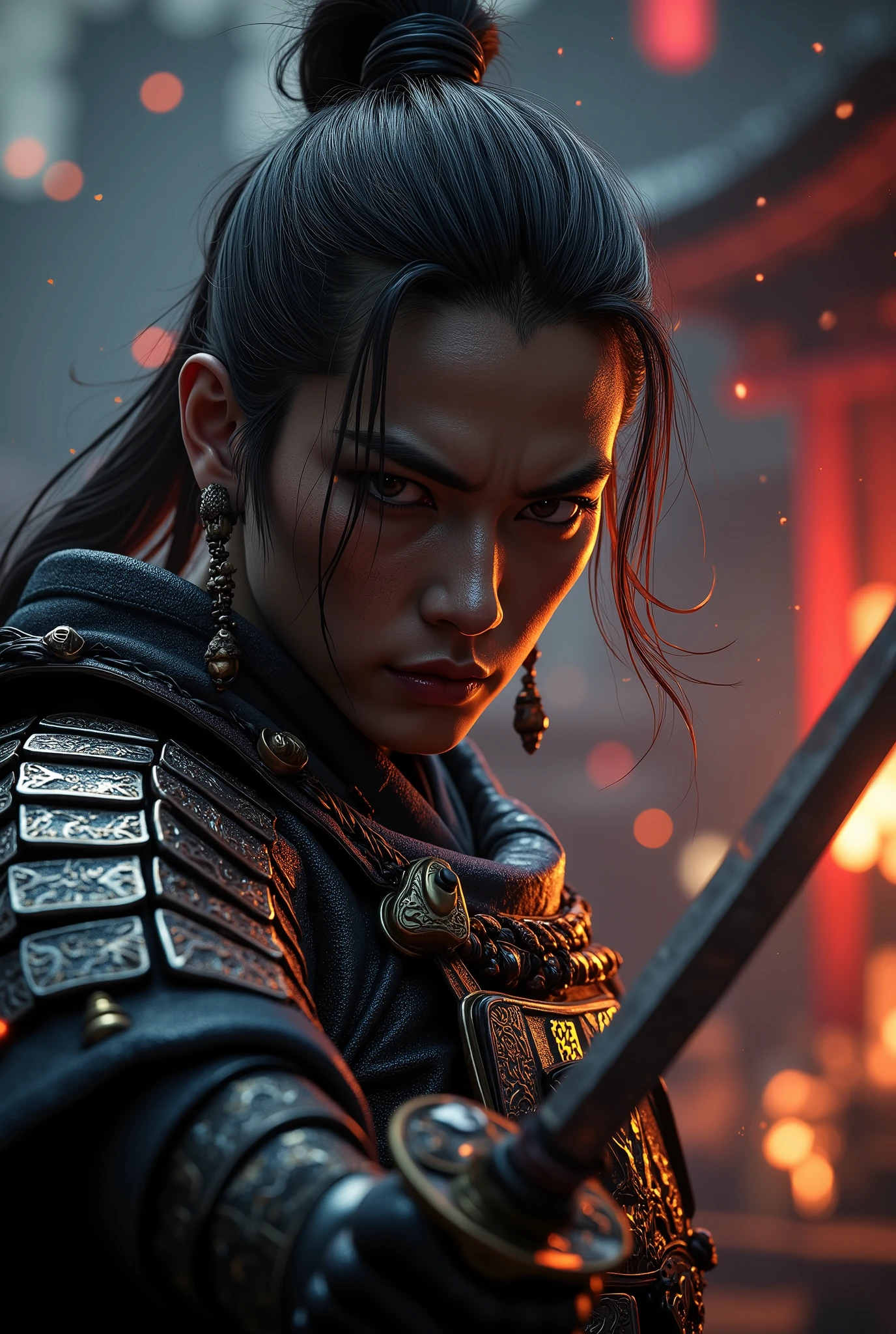 Samurai, hyperrealism, very detailed skin, 4k,, great lighting, action shot,, Dual Swords splash art, dramatic lighting, trending on artstation, Artgerm, top post on by Yoshitaka Amano, highly detailed, beautiful, 4K, masterpiece