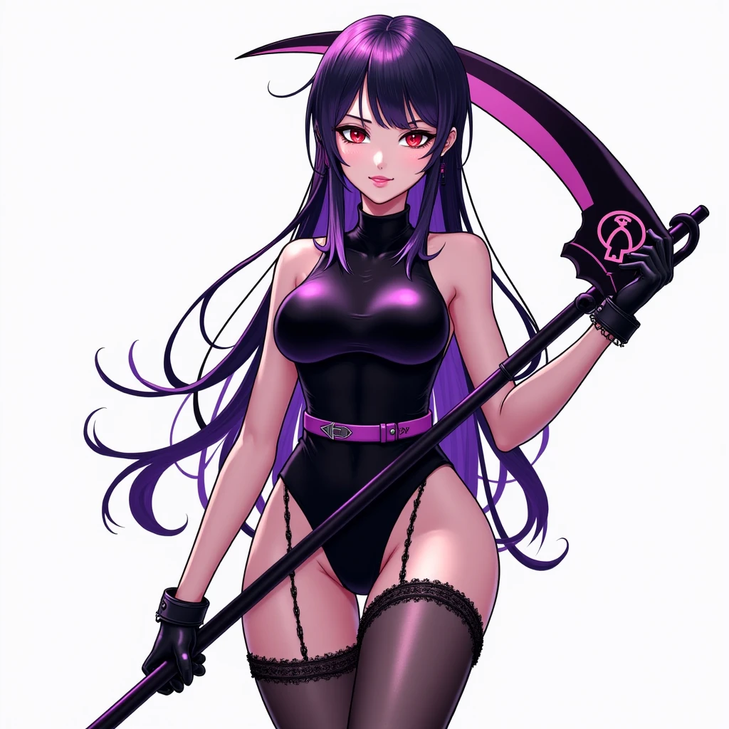 A pink haired female reaper with violet eyes and an hourglass figure is spinning her scythe in a creepy castle