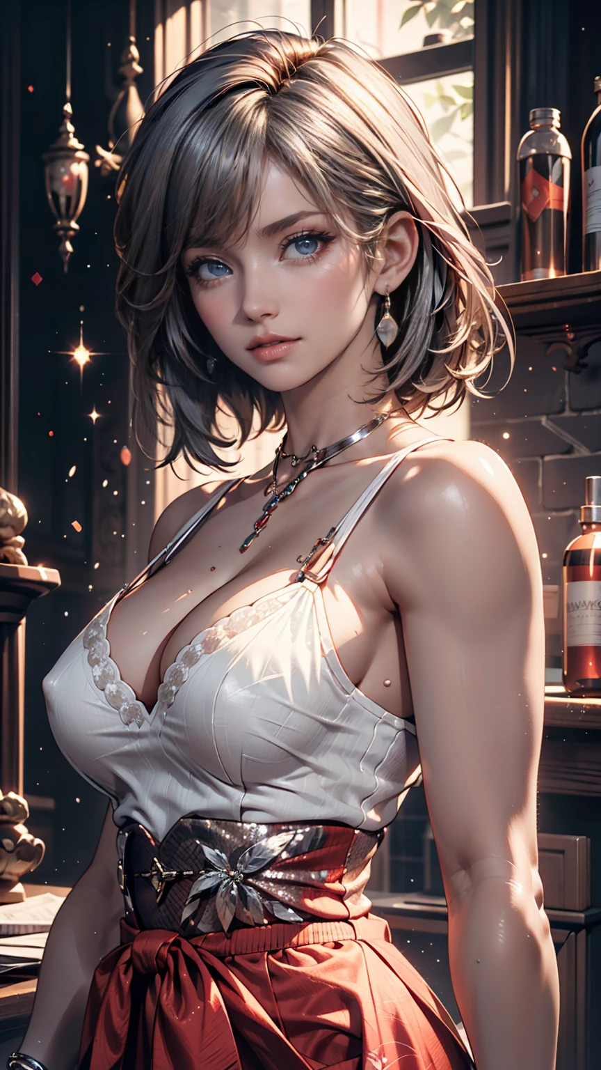 masterpiece, top quality, illustrations, ultra detail, finey detail, high resolution,  8k Wallpaper, perfect dynamic composition, beautiful detailed eyes,  natural lips, red sequin knitted dress , ???????????, ?????、emphasizes cleavage、silver accessories on the wrist、constricted waist、 Silver Hair、shortcuts、show your armpits