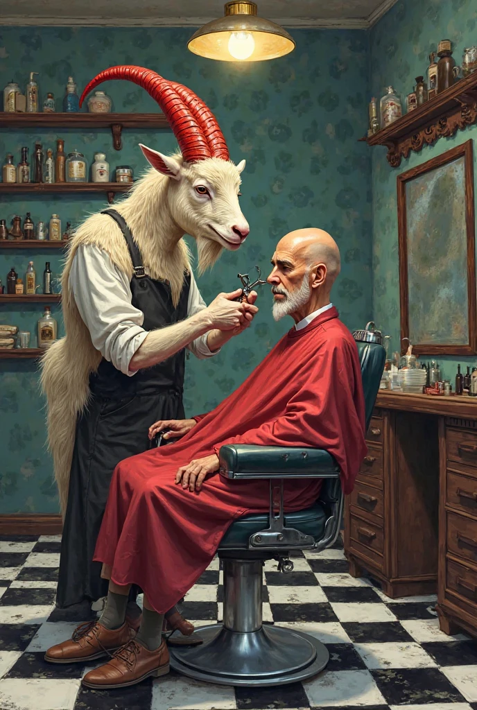 Goat with red horns cutting hair in a barbershop for a client Mr. Pelón with a black and white floor