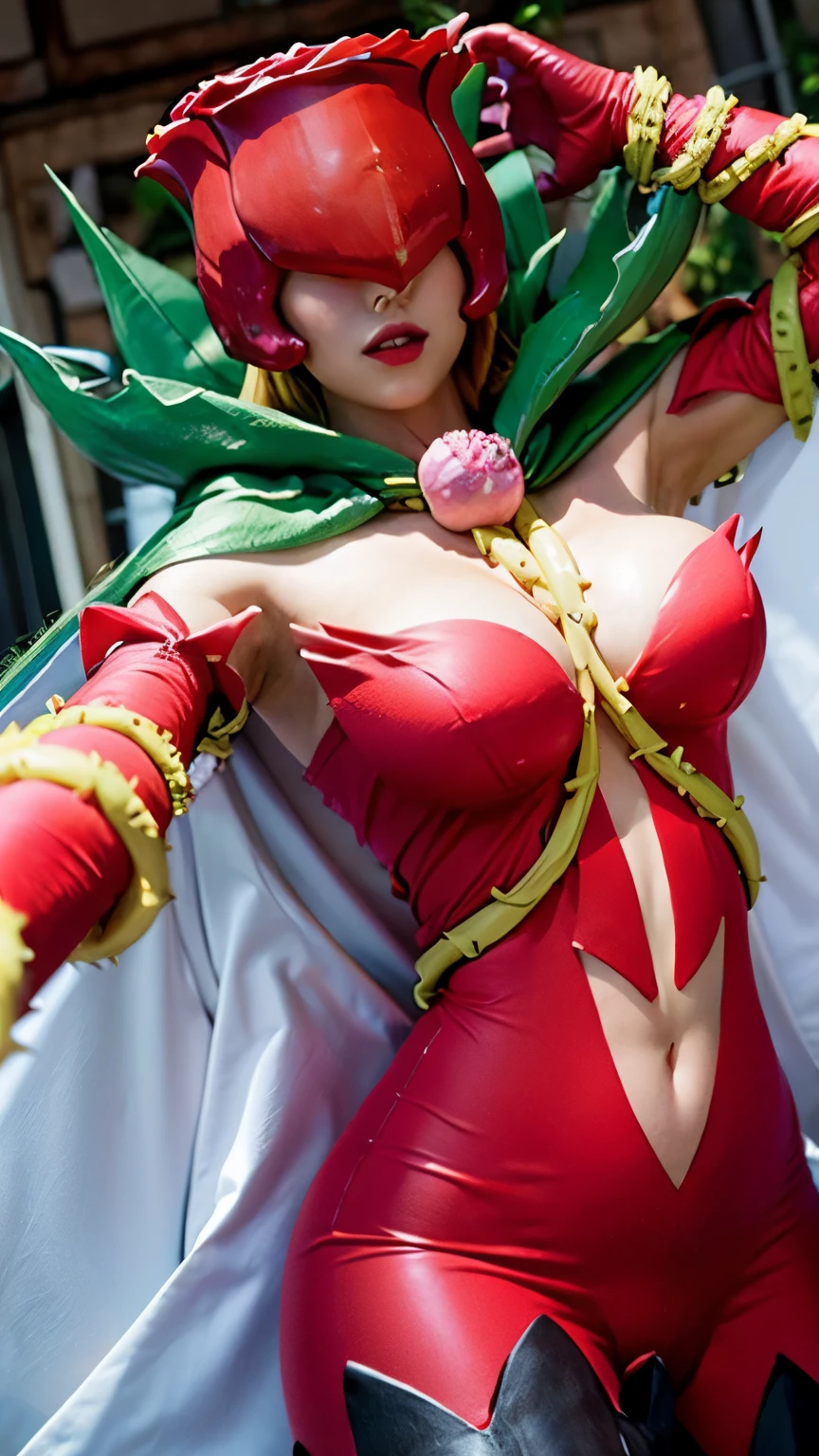 ANIME_rosemon_yugiho_ownwaifu, www.ownwaifu.com, digimon \(creature\), breasts, long hair, large breasts, lipstick, navel, makeup, covered eyes, monster girl, helmet, plant girl, colored skin, thighhighs, cleavage, petals, elbow gloves, navel cutout, red flower, red gloves, bodysuit, mask, thorns, cape, gloves, vines, rose, flower, plant, 1girl, solo, facing viewer, looking at viewer, upper body, smile