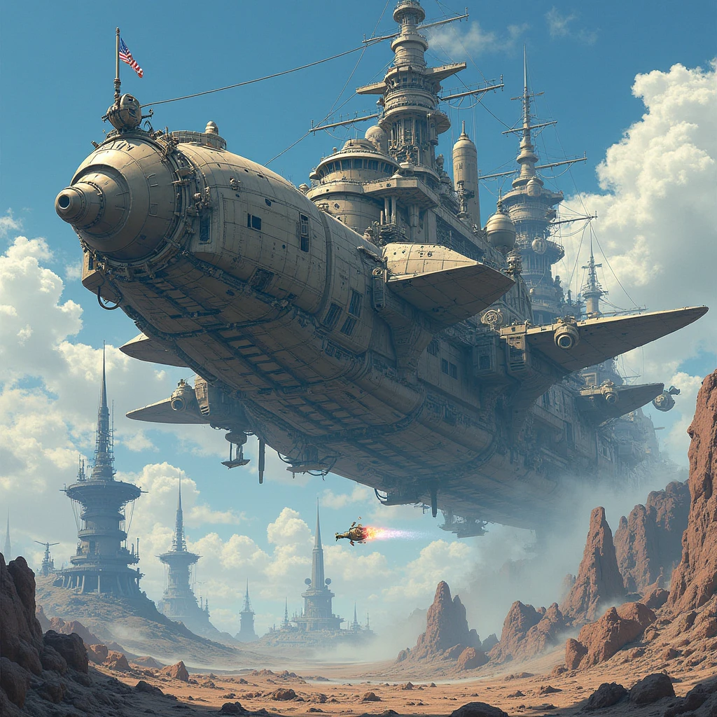 (highest quality,Extremely detailed description,incredibly high resolution),antenna戦艦:1.3, flying battleship ,Goliath,Propeller :1.3,Main gun :1.3,weapons, airplane ,explode,Main gun 発射,dragon,background:antenna,The world of steampunk,high quality anime painting