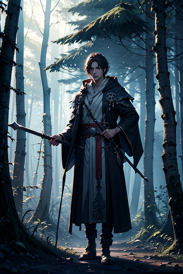 A powerful fantasy wizard wearing ornate robes, glowing magical staff in hand, standing in a mystical forest with magical runes floating around, detailed character design, high fantasy RPG style, dramatic lighting, highly detailed, 4K resolution