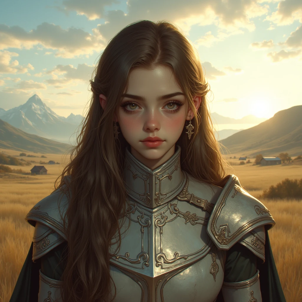 1girl, dark long hair, pale skin, armored woman, beautiful lion, flower field, (best quality,4k,8k,highres,masterpiece:1.2),ultra-detailed,(realistic,photorealistic,photo-realistic:1.37),highly detailed face, extremely detailed eyes and facial features, detailed hair, intricate armor, detailed lion, lush flower field, dramatic lighting, cinematic composition, vivid colors, fantasy, digital painting