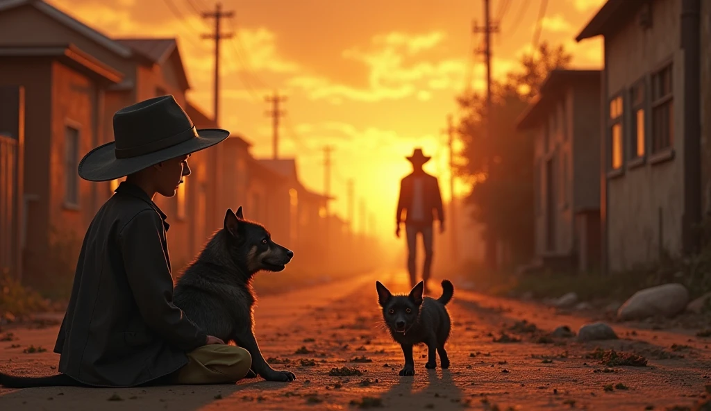"A highly detailed 3D-rendered digital scene set during sunset. The boy 'Nut' sits on the ground next to his loyal black dog 'Dum'. A tall, mysterious man in a dark jacket and wide-brimmed hat approaches them threateningly from a short distance. The dog 'Dum' stands protectively in front of Nut, growling fiercely at the man. The setting is the same narrow dirt road in a poor urban neighborhood, with golden-orange twilight casting long shadows and adding tension to the scene. The mood should be dramatic, suspenseful, and deeply emotional."