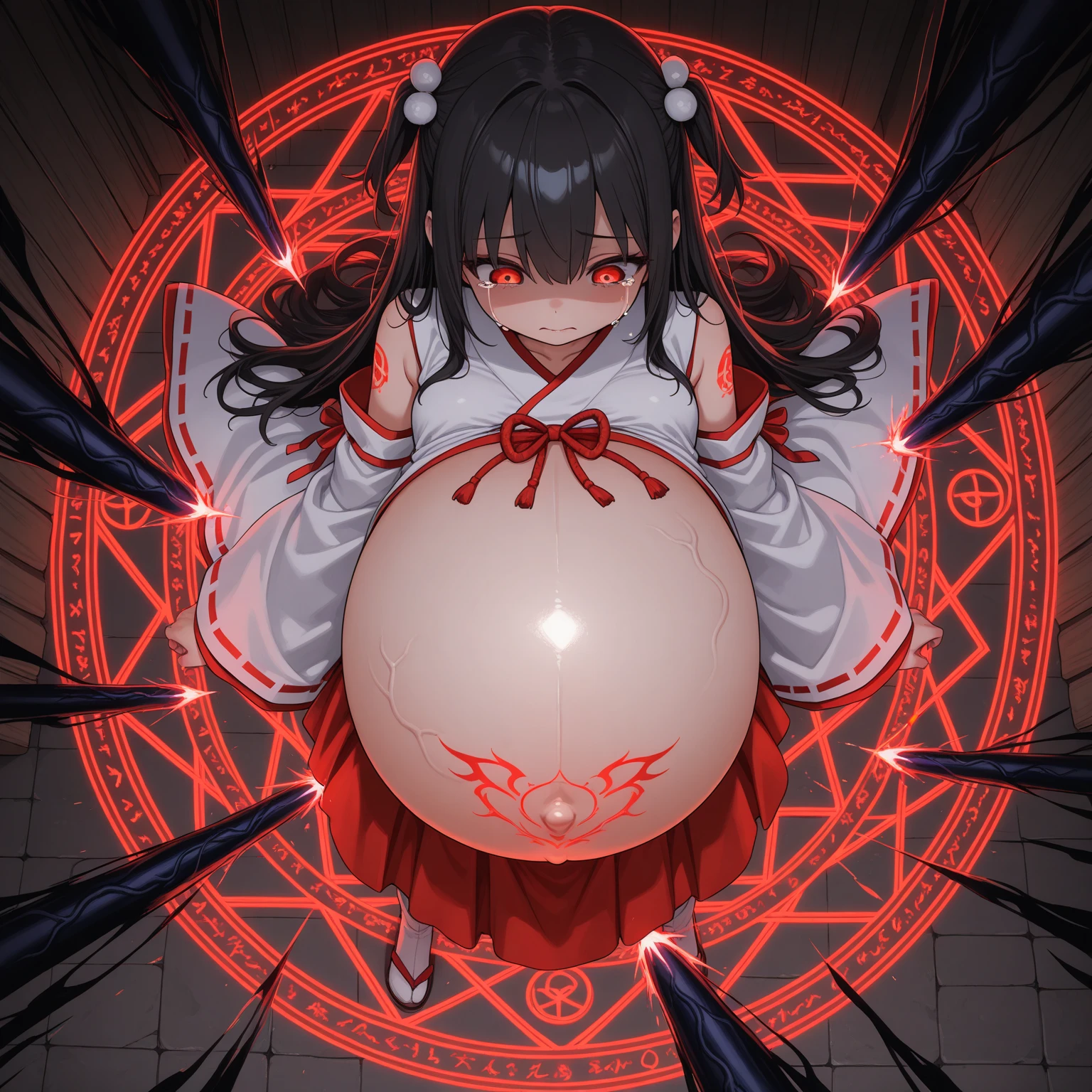 1 girl, long hair, hair ribbon, demon, pregnant, kingdom dress, demon king, fantasy, at castle, facing at viewer, anime style