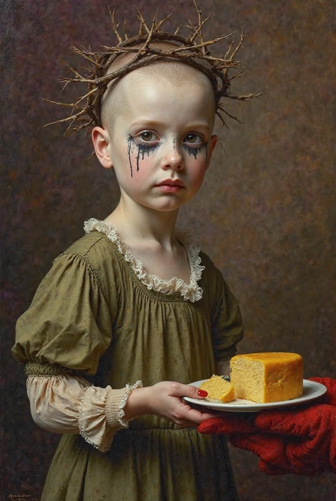 portrait white girl with shaved hair, face turned to 3/4, black paint on her eyes running down,  a crown of thorns , old Victorian olive green dress, a plate with bread and yellow cheese in his hand with a red velvet glove. ochre and purple background. 