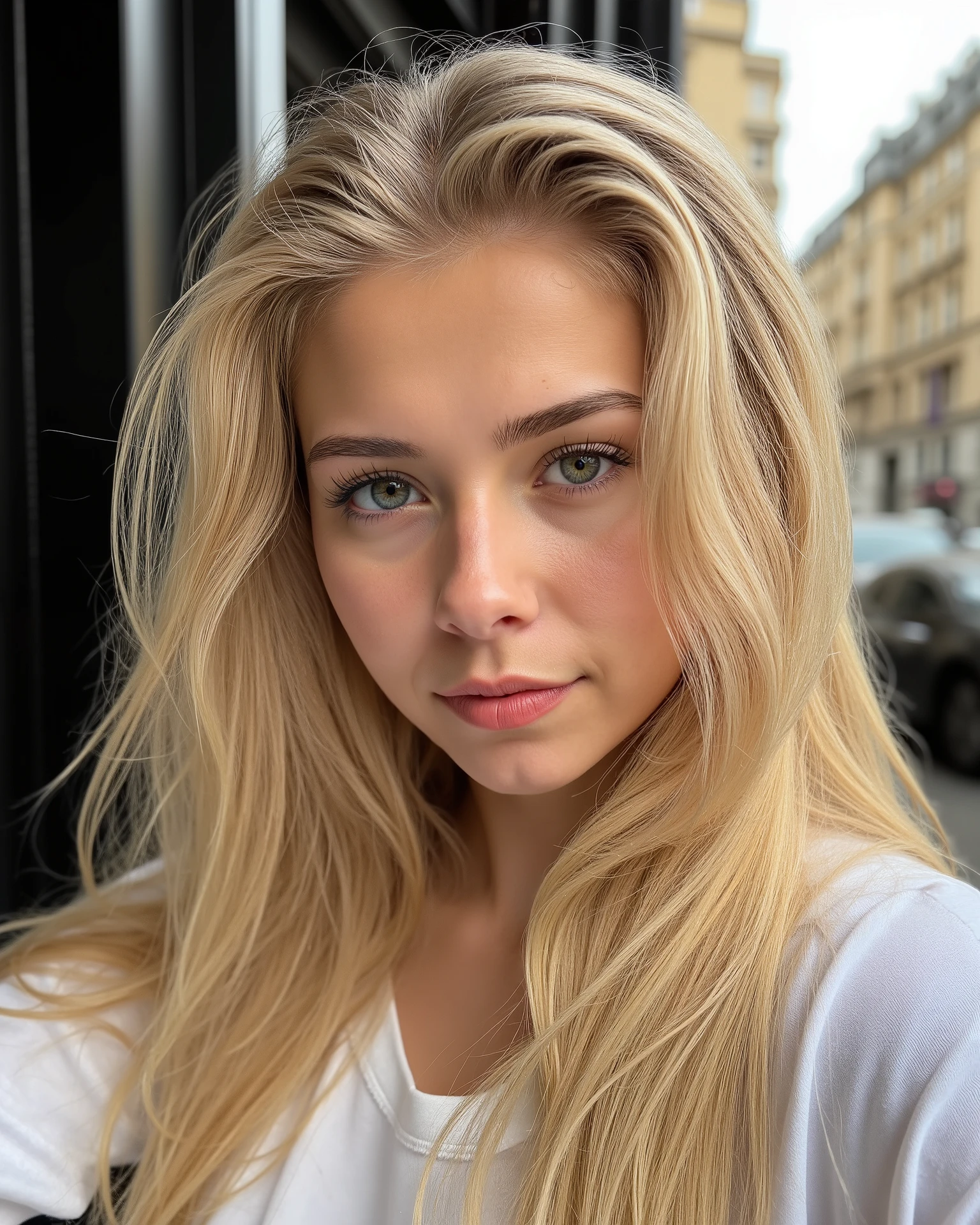 beautiful woman, young 25 years old, long blond hair, extremely detailed skin texture, sharp eyebrows, eyes creportrait of woman, detailed face, fair skin, soft expression, she is smiling sweetly, She is in a very elegant posture, inspiring femininity, 25 years old, good natural light, taken with a Fujifilm X-T5, 56mm f/1.2 lens, aperture f/2.0, ISO 200, shutter speed 1/500 sec, natural daylight with light cloud coverage, soft shadows, balanced highlights, sharp subject focus with dynamic background blur, subtle urban reflections in windows, hyper-detailed skin texture and fabric, vibrant street color palette, candid composition style, HDR for tonal range, realistic light bounce from pavement and buildings, professional-grade post-processing with cinematic tones, photorealistic environment, crisp 8K rendering