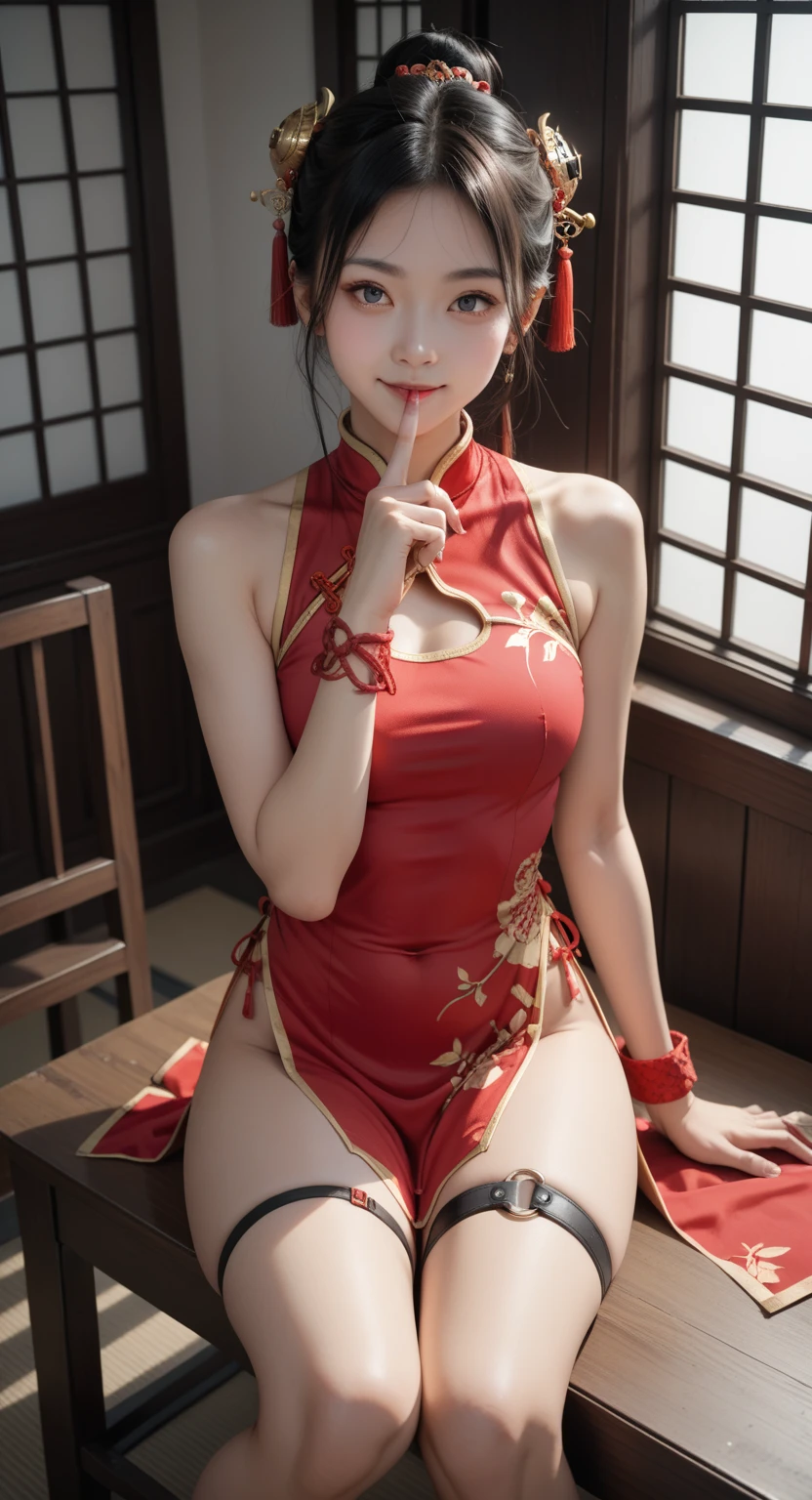 (((long Traditional Chinese costumes outfit comes off))),(((bare between legs:1.5))),(((thong panty:1.5))),(((pants wedged between buttocks))),(((Show cleavage))),(((bare inner thigh)))、(((show side breast))),(((detached sleeves))),(((show areola:1.5))),ulzzang-6500-v1.1, (Raw photo:1.2), (Photorealsitic:1.4), a beautiful detailed girl, extremely detailed eye and face, beautiful detailed eyes, ultra-detailed, High resolution, top-quality, ​masterpiece, ighly detailed, 8k wallpaper, magnifica, finely detail, top-quality, Light on the face,电影灯光,1girl in,(Luxury hotel bedroom),Beautiful eyes,smile,Opening Mouth,Lace-rimmed panties、(see through)、Very delicately、(((Light underwear:1.5)))