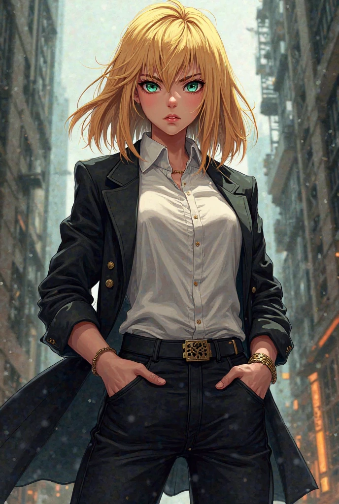 female character, anime 2D, adolescente, blond hair and shoulder length, green eyes, white shirt, black coat and black pants, rebel expression 