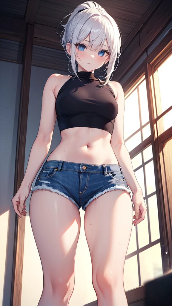 photorealistic, high resolution, 1 girl, white hair, korean, blue eyes, white shirt, skimpy tight black shorts, thick thighs , nude