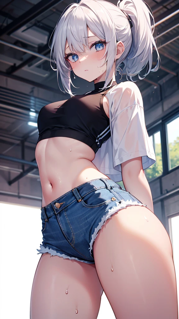 Sexy, slim woman with gray eyes and a sexy pose, dressed in super hot short shorts