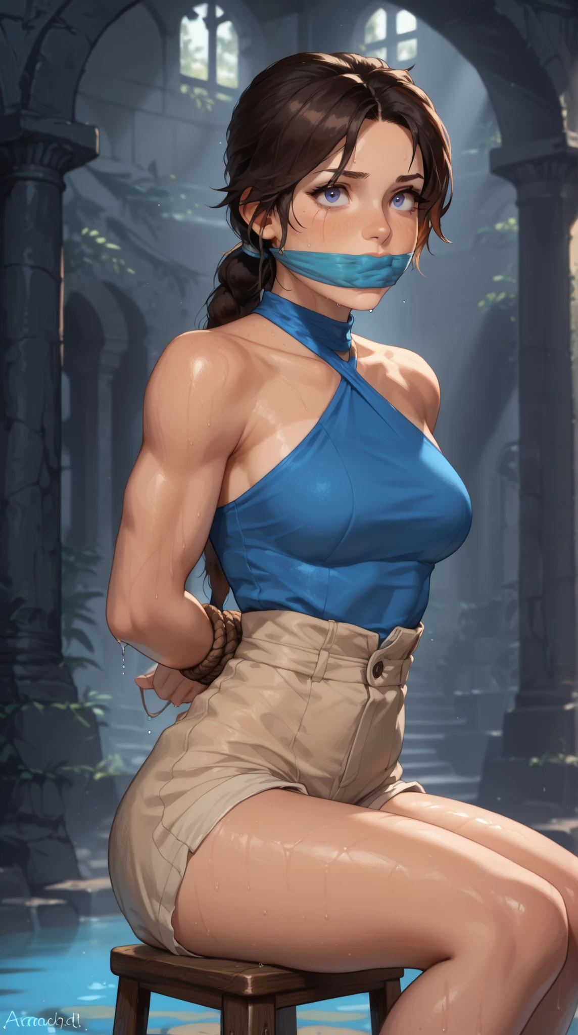 midnight, Beautifal woman, 18 years old, ,Lara Croft Tomb Raider , wearing blue halter top and tan shorts, heavily blushing, ,sitting on stool, background is an ancient temple ruins, all wet, shiny skin,worried expression, nervous, , wet body, thin waist, skinny body, muscular, very fit, medium breasts, , long legs, moody image, colored lighting, dark shadows, backlighting, rim light, dramatic scene, sweating, , bound and gagged,