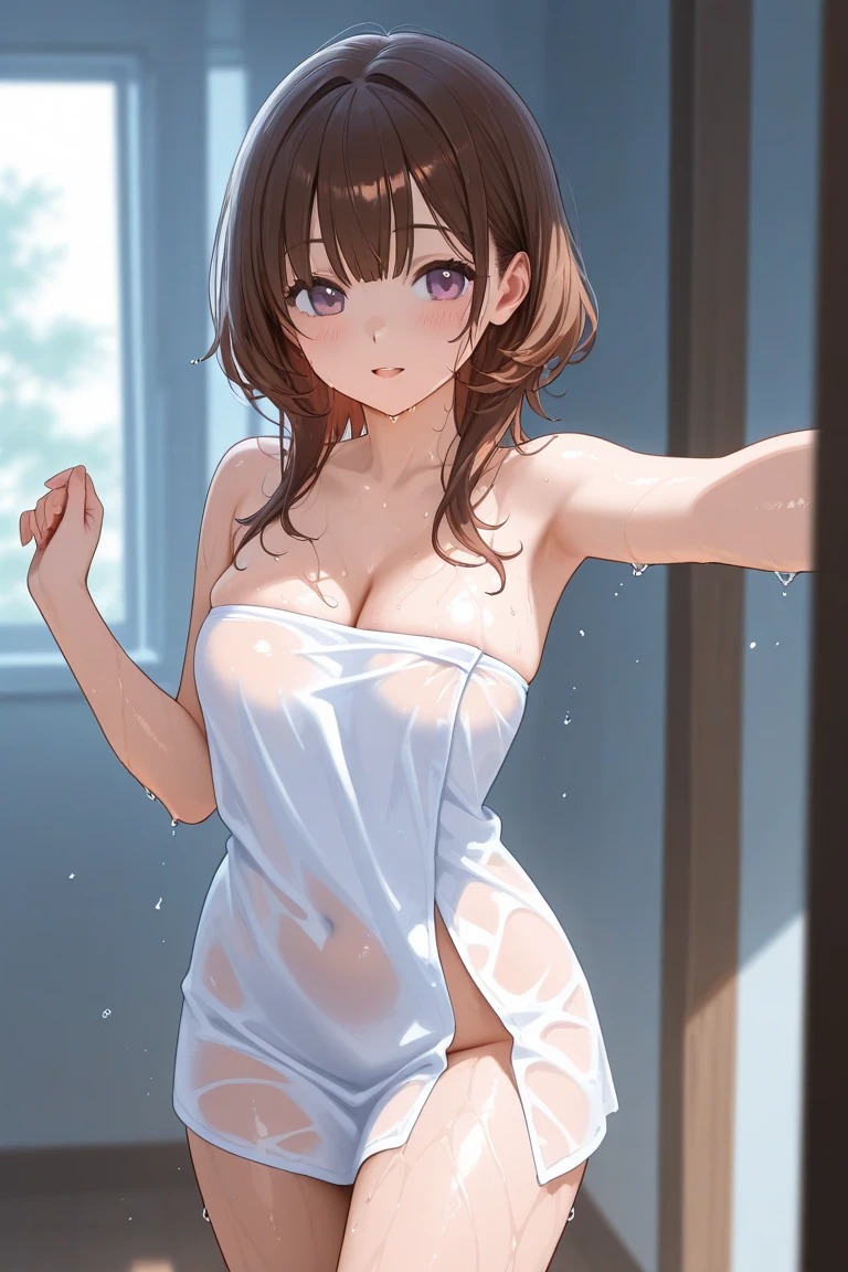 in 8K、top-quality、masterpiece、ultra-detailliert、Ultra-high resolution、((1 persons))、girl with、brown haired、poneyTail、Medium chest、(((sauna)))、wetting hair、wetted skin、Red face、Wrap a bath towel around your body、hiding chest with hands、((steams))