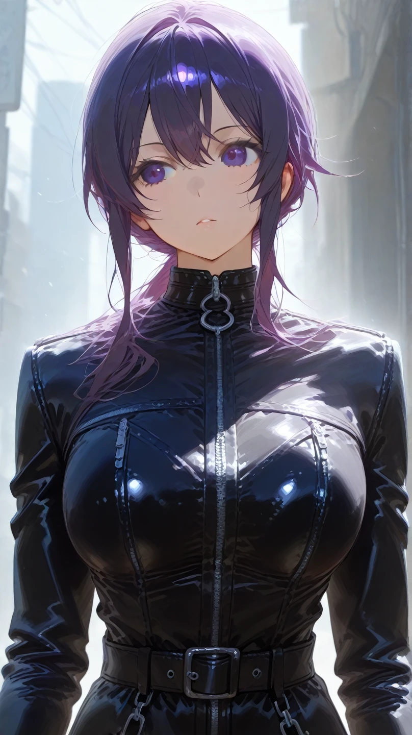 1 Private Wife，alone，long hair，Large Breasts，cleavage，Brown eyes，Sexy，purple hair，Mature female，widow，(masterpiece: 1.0，(the best_quality: 1.0)，silence，Black Armor，rain，cloudy day，tombstone，Close eyes，Fantasy World，Board hairstyle，tearing up