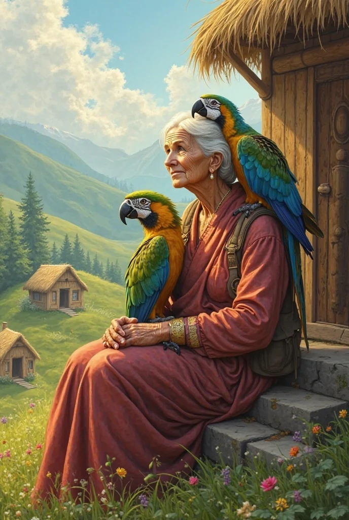 Murobhumi par ek dadi hai aur uska pass ass pass shon ka home hai aur uska kandhu ka upar  ek eagle ek parrot dadi ko kandhon ka upar hai 