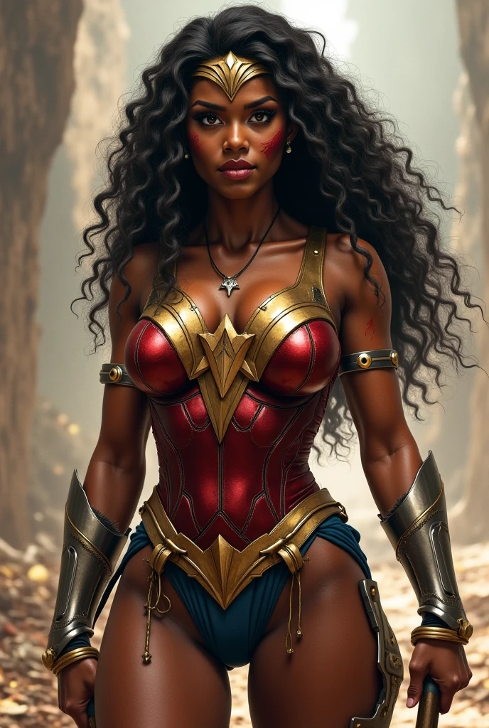 A beautiful black-skinned woman with half black hair and half silver dreadlocks under the cloak of the Amazon warrior Wonder Woman in a black leather jacket and red corset and black leather pants with long red boots up to the knees Wonder Woman diaema on her forehead