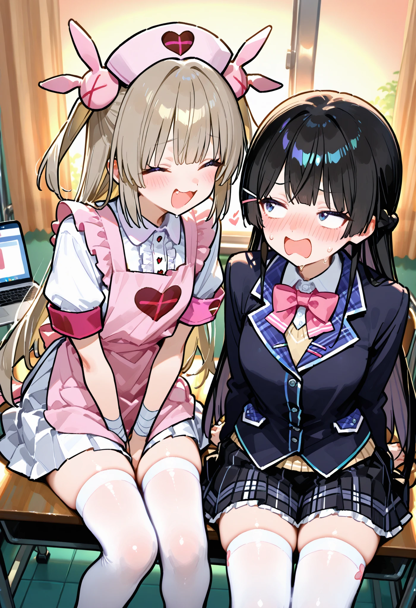 748cmstyle。2 girls。Tsukino Mito(Nijisanji)、blazer uniform、black check skirt。tables。 laugh。Sit face to face。Hospital room。Sunset。natori sana, virtual youtuber, reaction。laptop。light brown hair, long hair、two side up, nurse cap, hair ornament, pink apron, heart, center frills, collared shirt, white shirt, puffy short sleeves, armband, pleated skirt, white skirt, white thighhighs, pink footwear。 text voice