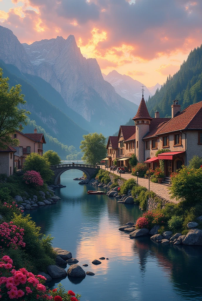 A small village by the river, mountains in the background, colorful flowers, detailed landscape style, beautiful natural scenery, atmospheric lighting,  scorching sunset ,  warm colors, practical, photographic, detailed foliage, complex buildings , cobblestone street, charming country house, vibrant colors, lush vegetation, reflections in the water, pitoresco, idyllic, work of art, Best Quality, 8k, extremely detailed, anime style