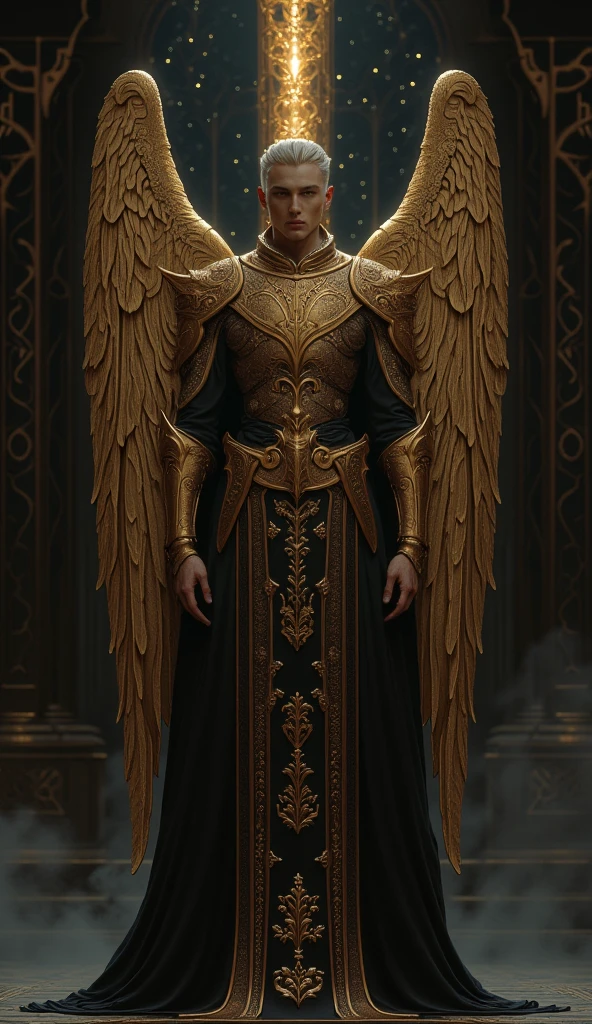 A beautiful man stands in the middle of the creator's room, Full Body Photograph, a figure of majesty and melancholy. Her short hair, of a silvery hue like moonlight on the waters, fall softly upon his brow, framing a face sculpted with celestial perfection. Seus olhos, of a deep and hypnotic glow, carry the weight of farewells, reflecting infinity and the silent pain of those who leave.

Your armor is a heavenly masterpiece—a set of light and elegant plates, forged in gold with onyx details. The dull shine of the metal echoes the light of dawn, while ancient engravings of stars and laments adorn each piece, telling stories of souls guided to the beyond. On your shoulders, a long, flowing cape descends to the ground, shivering like mist on a cold night.

Its wings are immense, huge wings , wings full of feathers , asas magnificas