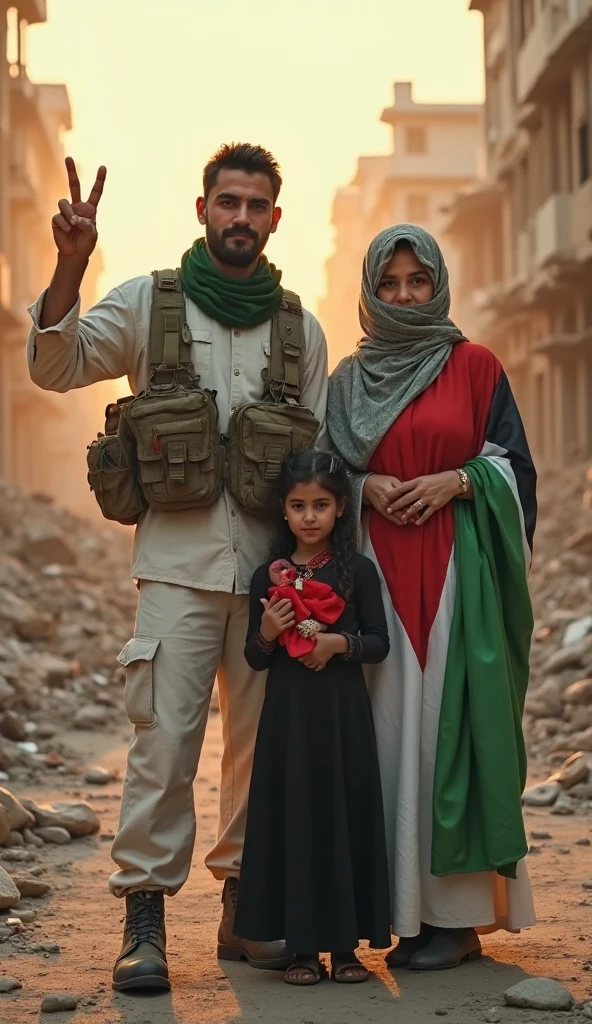 A 27 years old beard boy with panjabi, tie up black cloth in mouth, a 18 years old burka niqab hijab girl and a 3 year baby boy on busy road with Bangladesh flag in hand, infront of a place named "Konabari Gazipur"