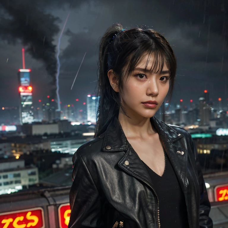 Prompt: "A cyberpunk future city at night, with a chaotic skyline of neon signs, flying cars, and smoky air, inspired by 1980s sci-fi. A japanese female replicant with a synthetic yet human-like appearance stands on a rooftop, wearing a black leather jacket and a sparkly mini dress, her hair in a high ponytail with a ribbon. She looks out over the city with a melancholic expression, rain falling lightly around her."