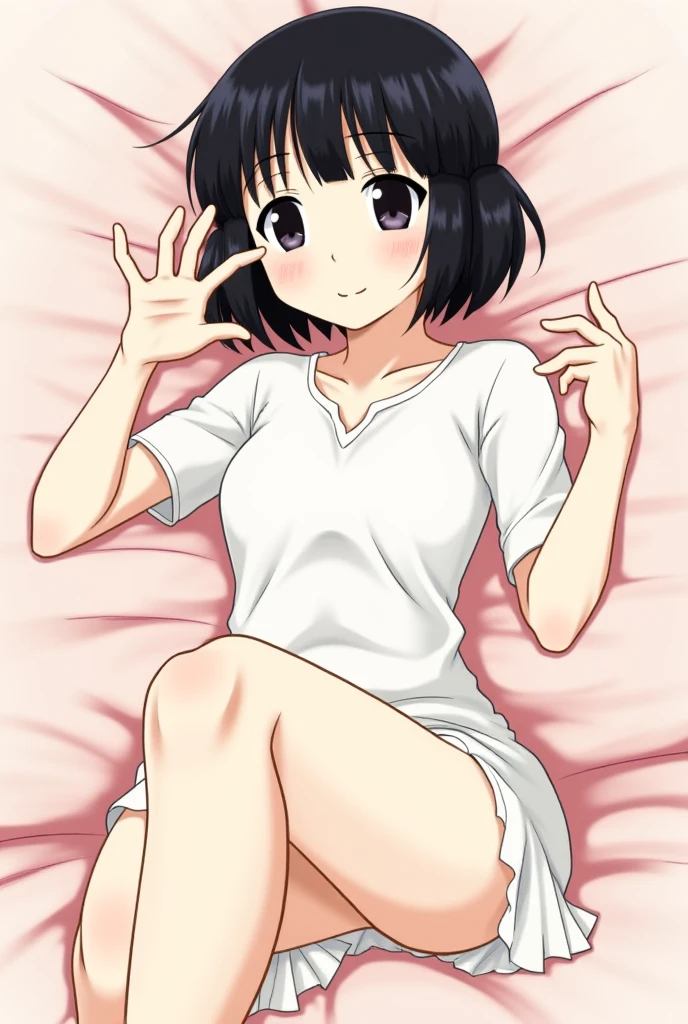 [[anime styled]],[[digitalart]],masterpiece,best quality,high resolution,Tomomi_Xijing,red eyes,black hair,Short hair,Hair Ribbon,midium build,oily skin,NSFW,1girl in,solo,((sitting,wariza)),腕で胸を挟む、[upper body:1.3],[face focus/close up],[from above],short torso,Perfect Lighting,((topless,nipples)),[white panties],cameltoe,smile,cel shading,blush, break background bedroom,bed
