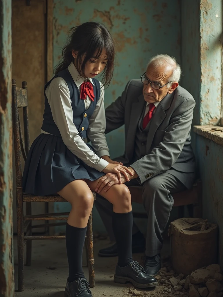 A girl in school uniform wearing knee-high socks being stroked on her inner thighs by a dirty old man in a slum