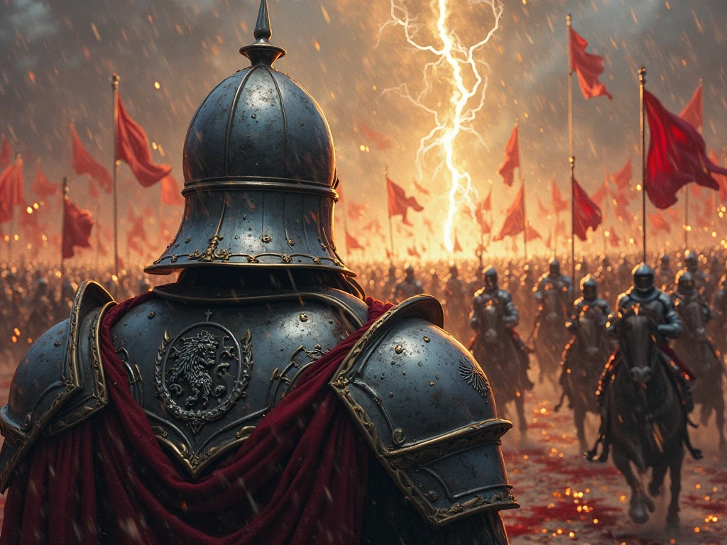 A digital painting in a semi-realistic, high-fantasy style, from the first-person perspective of a powerful king in the middle of a chaotic battlefield. The viewer sees from behind a detailed silver and crimson elmet with lion crest engraved, partially fogged from battle. In front, a storm of enemies charging, banners waving, sparks and embers flying. Magical lightning crackles in the dark sky, illuminating rain-soaked armor, blood-smeared ground, and clashing swords. Warm golden and fiery red lighting contrasts with cold steel blues and misty grays. The battlefield is vast and immersive, full of movement and tension. Use cinematic composition with strong shadows and dynamic lighting to evoke the feeling of epic struggle. Add faint magical aura around allies in the distance, hinting at powerful forces at play.