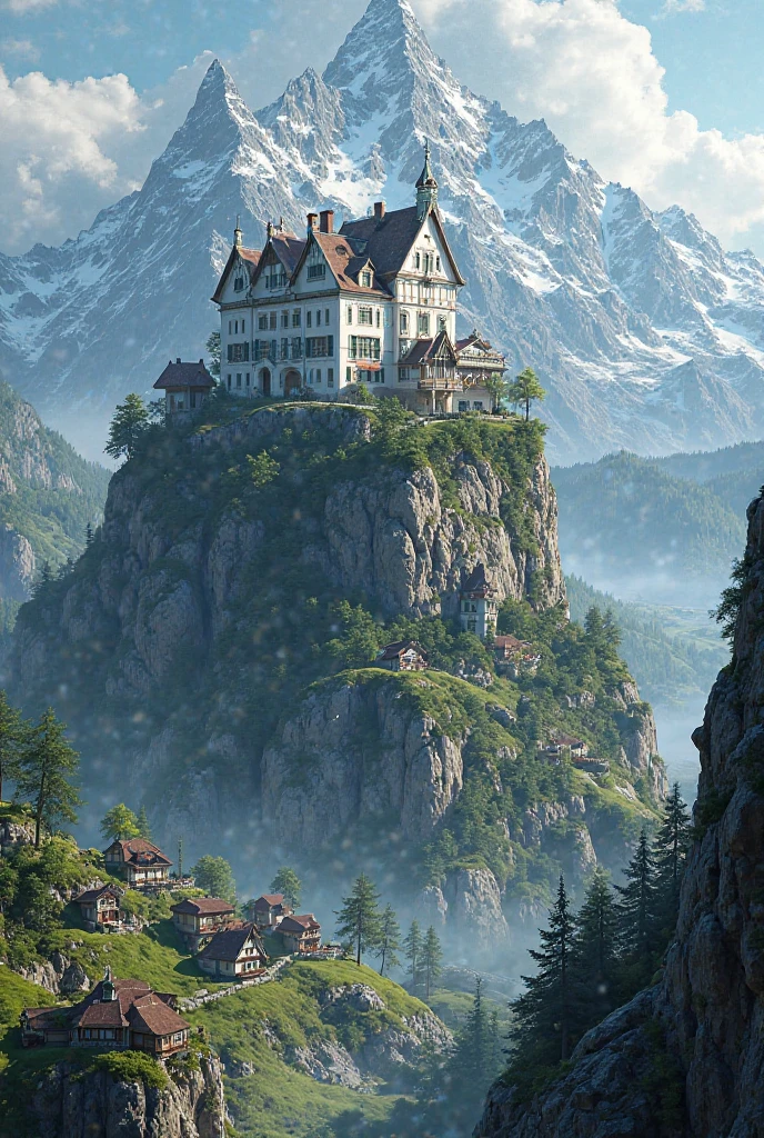 a house on top of a mountain and in front of it the other houses
