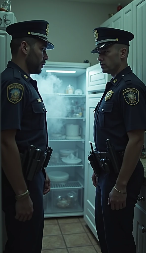 A well-dressed, bearded, muscular mixed-race police officer points his pistol at another man in white underwear in a public restroom surrounded by men in various colored underwear.