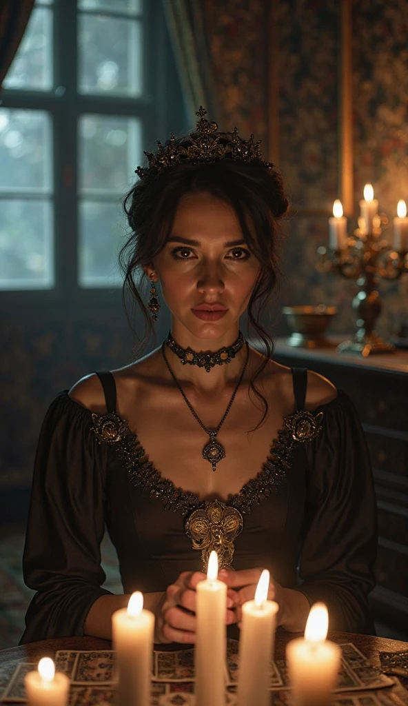She is sitted in front of a table. The table is full of tarot cards and candles. She is holding a deck of cards in the hands.