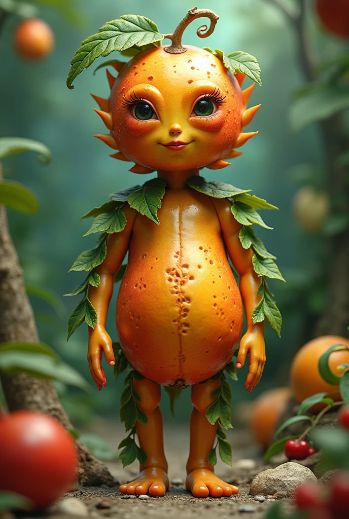 Please draw a realistic orange tomato fairy.。The storm can be seen through the window in the background。