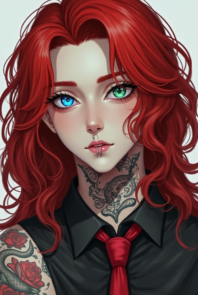 She is an attractive figure of 18-20 years old, Her long red hair provides a vivid contrast to her gothic style. Seus olhos penetrantes, accentuated by dark makeup, and full, defined lips exude a mixture of mystery and indifference. Dressed in a white dress shirt with a loose black tie, her silhouette is distinctly feminine, highlighted by her rounded breasts and firm, sculpted curves. A tattoo adorns your neck, and a cigarette casually held between his fingers adds to his aura of defiance and indifference, painting a portrait of a woman who navigates life by her own rules, full of confidence and power.