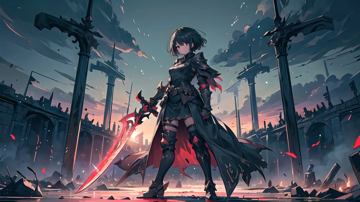 1 warrior women, expressive black eyes, black short hair, dressed with a black drape, using his massive two hand sword ,fighting pose ,black petals fall from the sky in big medieval city in sunset in background, detail richness, masterpiece, best quality, realistic rendering