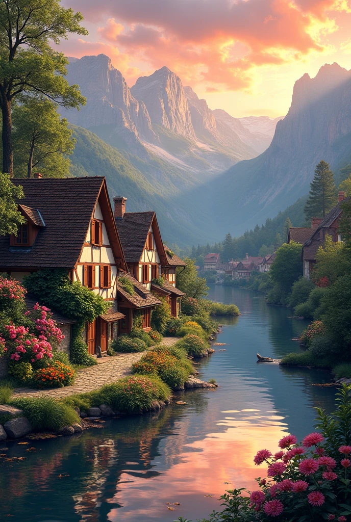 A small village by the river, mountains in the background, colorful flowers, detailed landscape style, beautiful natural scenery, atmospheric lighting,  scorching sunset ,  warm colors, practical, photographic, detailed foliage, complex buildings , cobblestone street, charming country house, vibrant colors, lush vegetation, reflections in the water, pitoresco, idyllic, work of art, Best Quality, 8k, extremely detailed, anime style