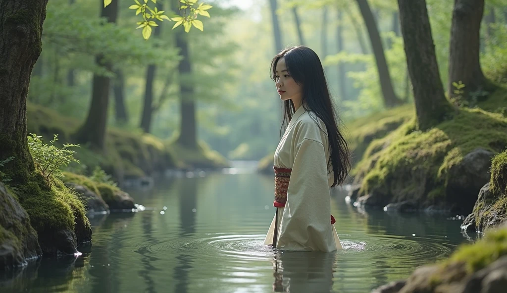 A REAL Oriental Japanese girl with 18 years old with lush beyond floor length black hair and see her "whole" thin body wearing thick lambswool traditional Wafuku standing nearby hot springs inside the forest, must see her whole body. The scenario of forest shows spring view. This graph MUST see girl's "whole thin body", including facial expression like smile, black eye, nose, hands, legs, wearing thick lambswool traditional Wafuku, chest, buttock, with beyond floor length black hair, legs and shoes and whole thin bodies. REAL girl must has "thin body, legs, foot, "LUSH BEYOND FLOOR length hair and face with humanity smile and body" with streamline. Show her front side with happy smile and lush beyond floor length black hair.