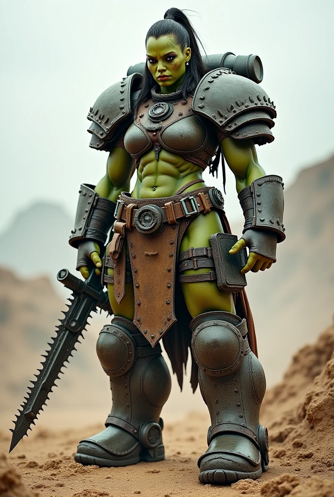 (masterpiece, Best Quality), (Perfect athlete body:1.2), (detailed hairs), Ultra-detailed, Anime style, solo, Cyberpunk orc girl, Muscular but feminine body shape, wearing a work uniform, night blue hair and yellow eyes, pale green skin, holds a huge creaver sword, wears high tech sneakers, standing in wasteland, white background, whole body,