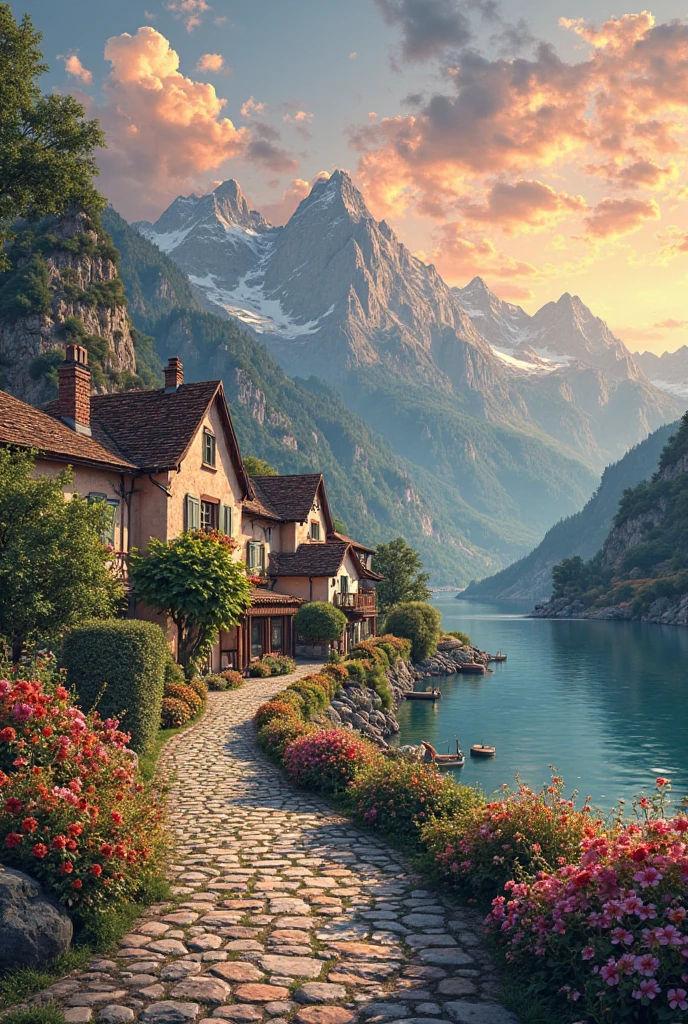 A small village by the river, mountains in the background, colorful flowers, detailed landscape style, beautiful natural scenery, atmospheric lighting,  scorching sunset ,  warm colors, practical, photographic, detailed foliage, complex buildings , cobblestone street, charming country house, vibrant colors, lush vegetation, reflections in the water, pitoresco, idyllic, work of art, Best Quality, 8k, extremely detailed, anime style
