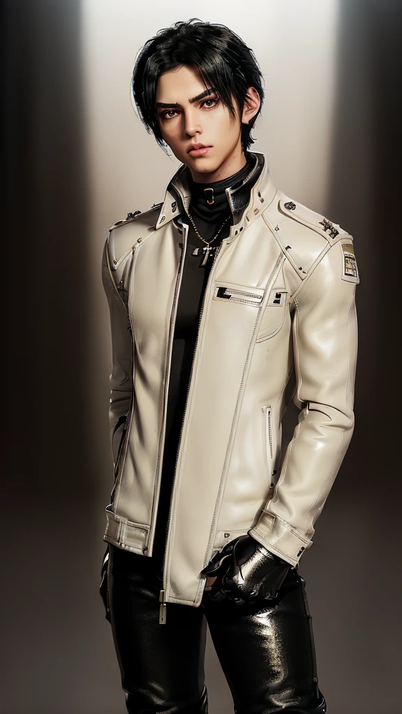 Final fantasy taste and reality graphics, ((Japanese young cute and cool ikemen boy)), his age is early 20s, thin eyebrows and beady eyes, ((he wearing off white color leather thick and heavy material jacket)), ((jacket is singlebrest)), ((biker style jacket)), ((jacket is large size)),((with epaulet)), ((jacket is long sleeve)), ((zipped front of the leather jacket)), , ((voluminous leather jacket)), ,((must jacket is high length and stand-up collar)) ((jacket collar with two belts)), ((jacket is a little black color line pattern)), ((also wearing black thick material turtleneck lackluster shirts)), ((tight black leather pants)), ((put black leather tight and thin glove on both hands)), ((black leather knee-high raceup boots)),((must views head-to-toe)),((must views whole body)), ,((Do not show skin from the neck down)),leather jacket leather glove and leather pants have few wrinkles, Avoid showing your innerwear,zip up jacket fastner.must put on a leather glove.
Boy is black hair.boy looks like fashion model.