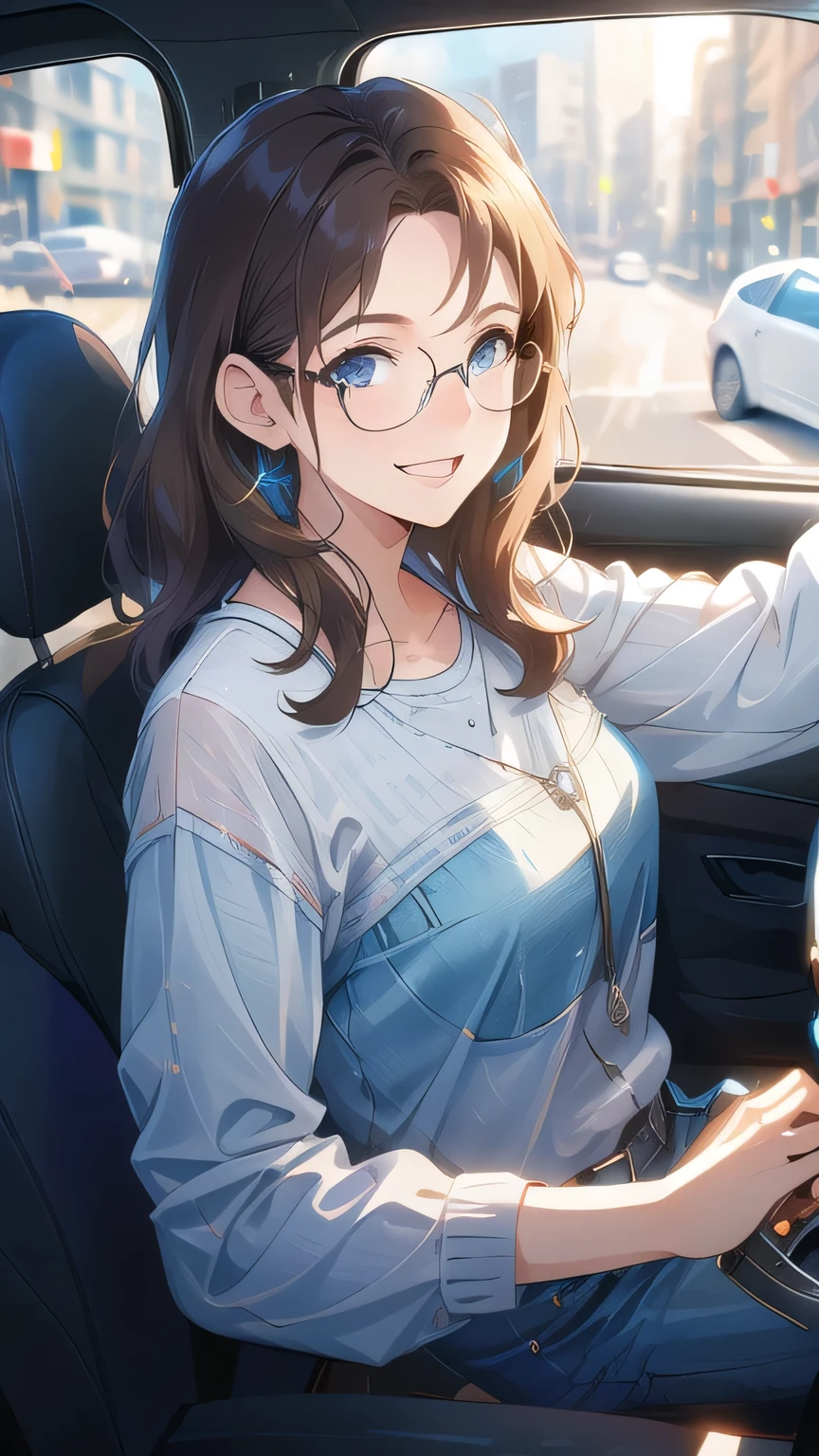 1 female, 22 years old, short wavy brown hair, blue eyes, big , freckles, glasses, simple casual outfit, happy expression, loving expression, cute, car interior background, dramatic lighting, cinematic composition, digital art, concept art, photorealistic, 8K, HDR, professional, intricate details, vivid colors