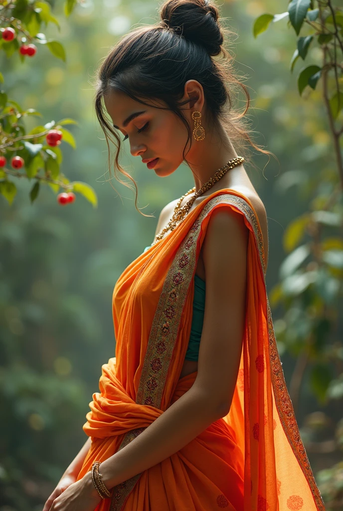 There is a beautiful girl, she is sitting in the garden on a stone, she has a great figure, she is wearing a kurti and she is crying, her tears are coming out