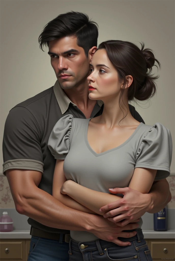 "A couple standing closely together, taking a mirror selfie in a dimly lit room. The man is tall and muscular, wearing a black tank top, and the woman is , looking up at him. The man's arm is around the woman, and her hand is resting on his chest. The reflection shows both of their faces partially obscured by the phone they are using to take the picture."
