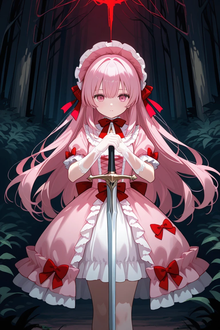 Anime girls have just finished killing people in a gloomy hell,With a bloody knife,Look with lonely eyes,There were countless pairs of demon eyes in hell looking at her,There were bloody corpses all around, The demon's hands stretched out from the blood-colored lake