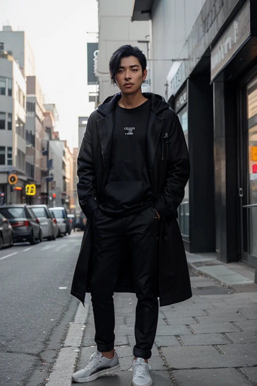 A boy age 30 with normal height and fit  kneeling down and prayering in coat and pants on a rainy day