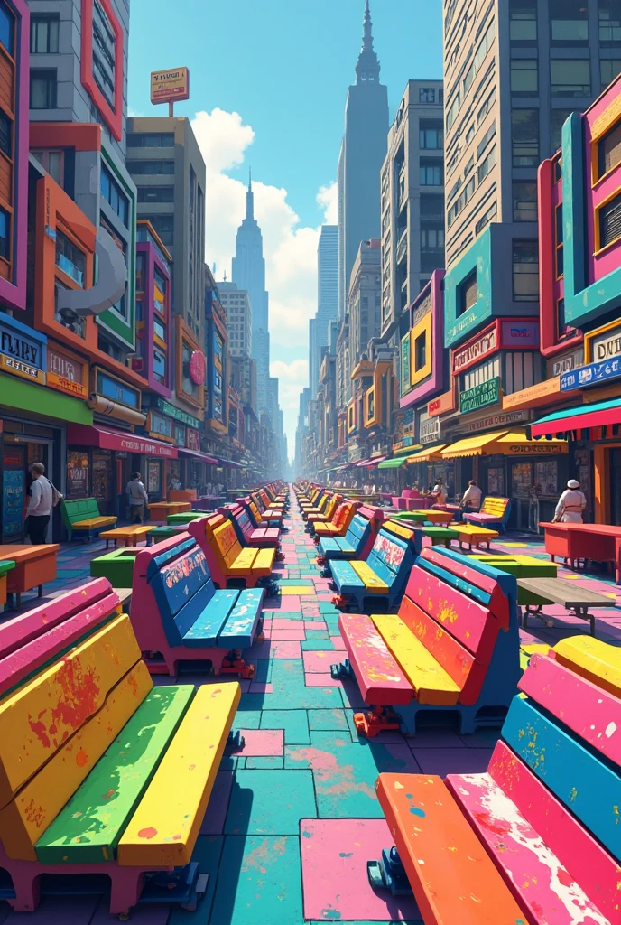 I want images of cities with too many colorful benches 