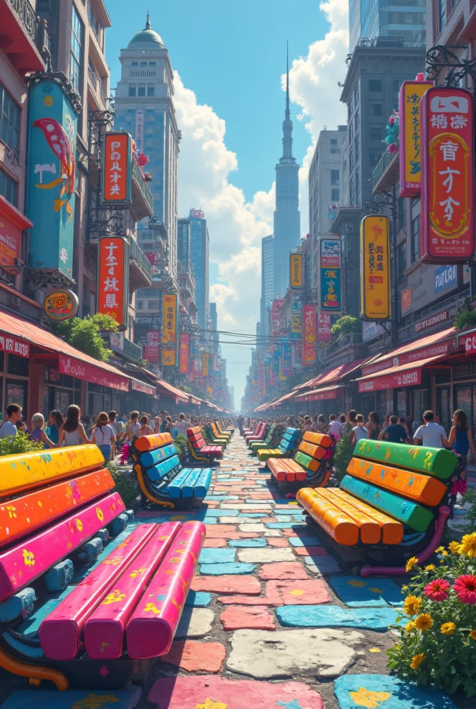 I want images of cities with too many colorful benches 