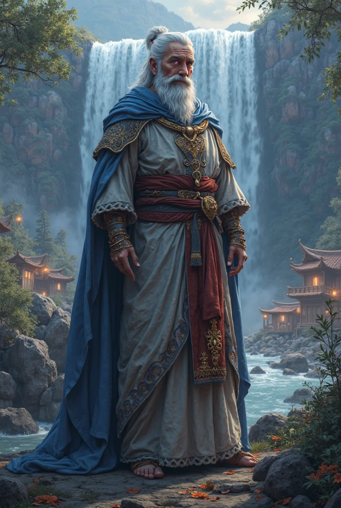 RPG Character, ((FullBody)), waterfall and big village background,
32 year old medieval wise man with aurora borealis colored eyes, multi colored eyes, wise philosopher in ancient greece clothes and with rainbow eyes, beautiful aurora eyes, 4k, Unreal engine, intricate, highly detailed, beautiful lighting, advanced quality, 8k, trending artstation, professional, dramatic, illustration, high quality, beautiful character, Premium portrait, F/22, symmetrical and dynamic poses, RPG, masterwork, advanced quality , beautiful lighting.