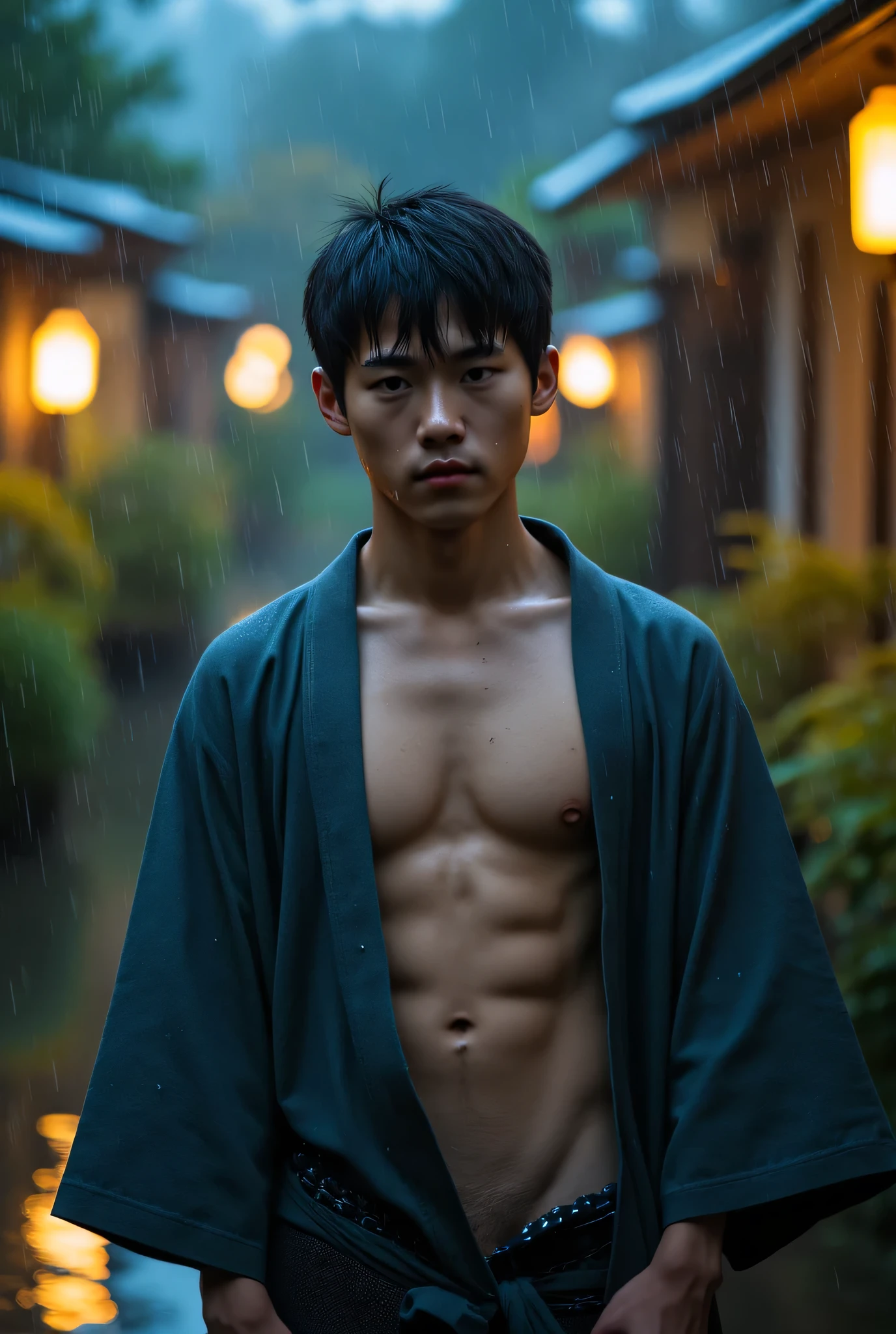 (Photorealistic:1.4, ultra realistic, best quality, 4k, masterpiece:1.2, 8K UHD, RAW Photograph, Photorealistic Portrait Leica Digital SLR, Lifelike images, make this image a true masterpiece), Soft raindrops, a young handsome Japanese man is standing in a japanese garden in the rain, His wet kimono clings to his body parted just enough to reveal the chiseled lines of his chest and erect circumcised penis, wet hair, The lantern-lit streets behind him are blurred by the misty veil of rain turning the world into a painting of deep blues and golds, His gaze is distant, lost in the rhythm of falling water, half body shot, close shot.