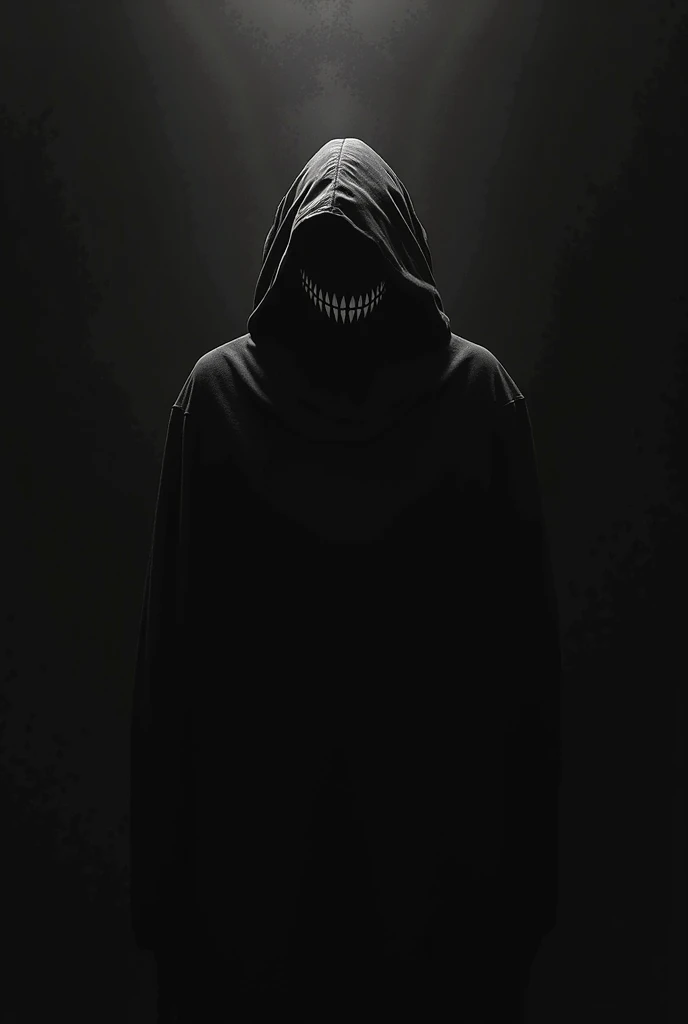 Silhouette picture of anonymous person smiling creepily, body is facing 45°, his head is looking right at you, black background